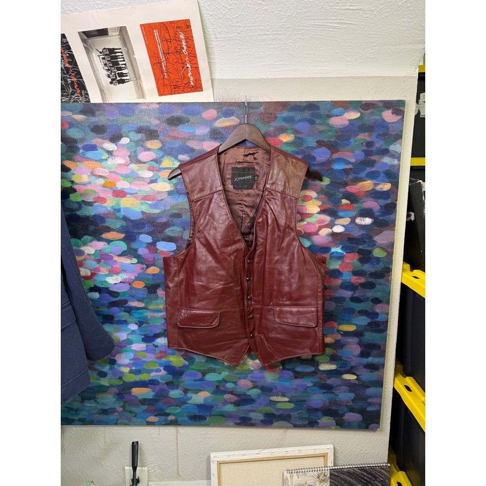 Vintage JCPenney Mens Burgundy Leather Vest Top Grain Leather Size 42 Regular